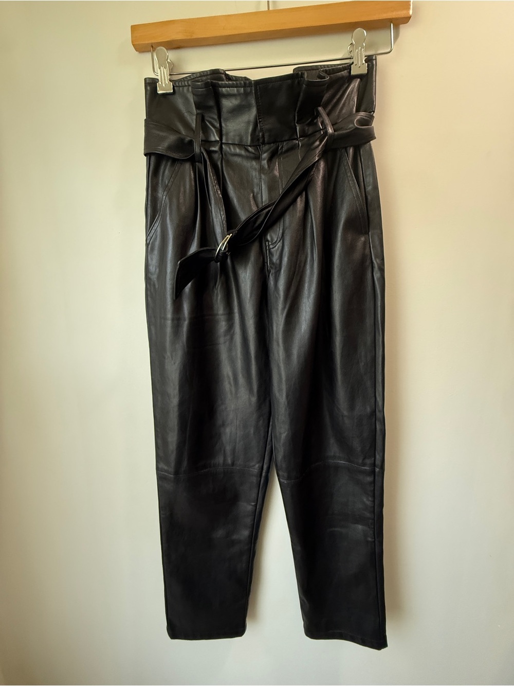 Elan Black Faux Leather Paperbag Waist Trousers women size S